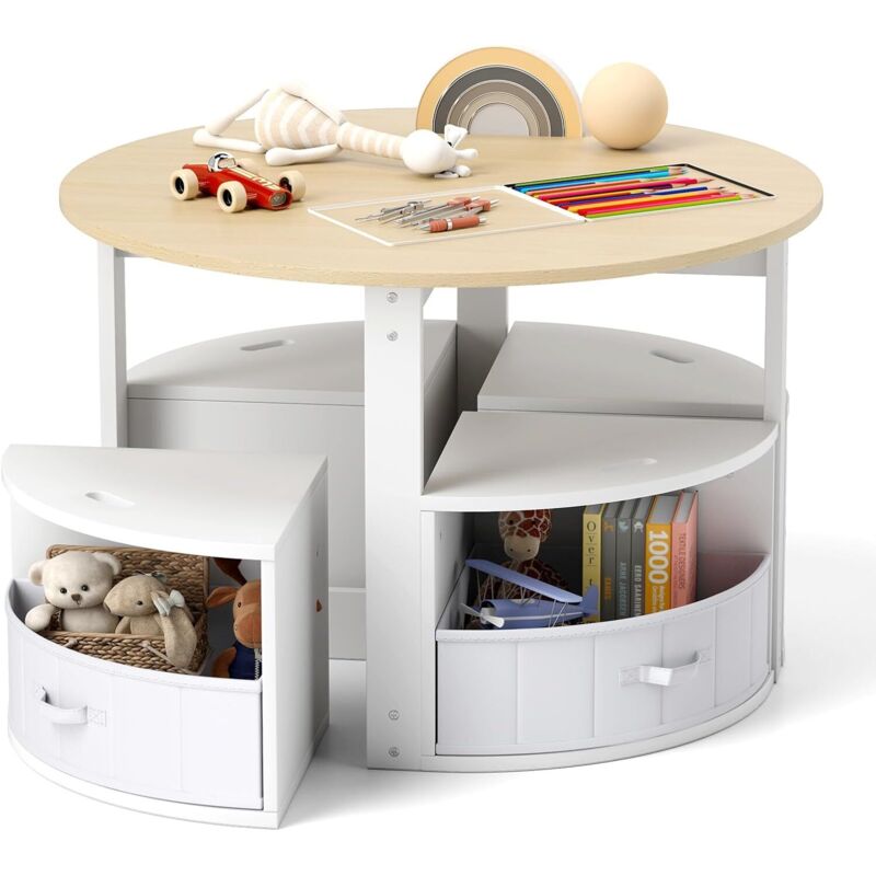 Goplus - Table Enfant avec Rangement, 4 Tabourets Empilables, 4 Tiroirs en Tissu et Patins Antidérapants, Table d'Activités Enfant Ronde en Bois pour