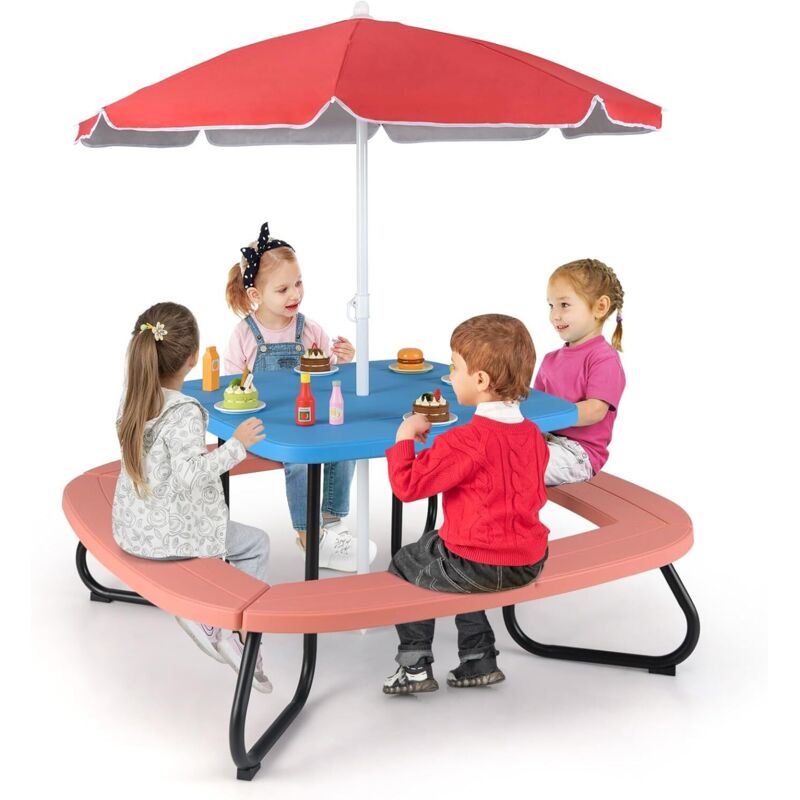 GOPLUS Table Enfant Exterieure avec 4 Bancs Intégrés, Table Pique-Nique avec Parasol Réglable et Pliable, 8 Places, Meuble Jardin Enfant en PEHD,