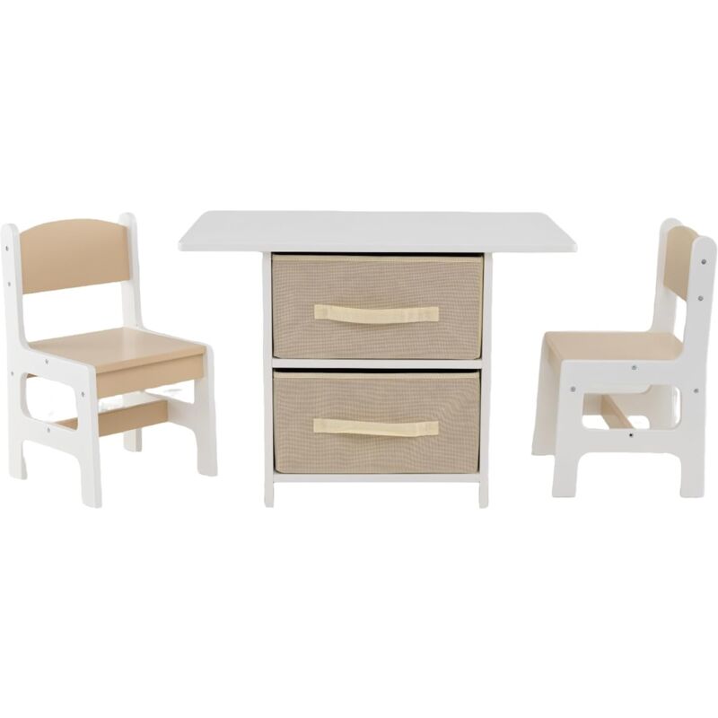 GOPLUS Table et 2 Chaises Enfants,Plateau Spacieux et 2 Tiroirs de Rangement, pour Lire, écrire, Dessiner et Jouer,Beige