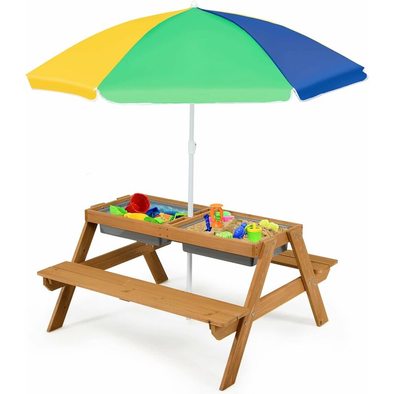 Table et Banc 3 en 1 pour Enfants avec Parasol,Table Convertible avec Plateau Amovible et 2 Boîtes de Rangement,Colore - Goplus