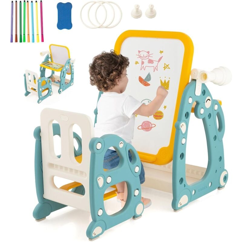 Table et Chaise Enfant 1-8 Ans 4 en 1-Tableau Blanc Magnétique Réglable en Hauteur-Effaçable à Sec et Marqueurs - Goplus