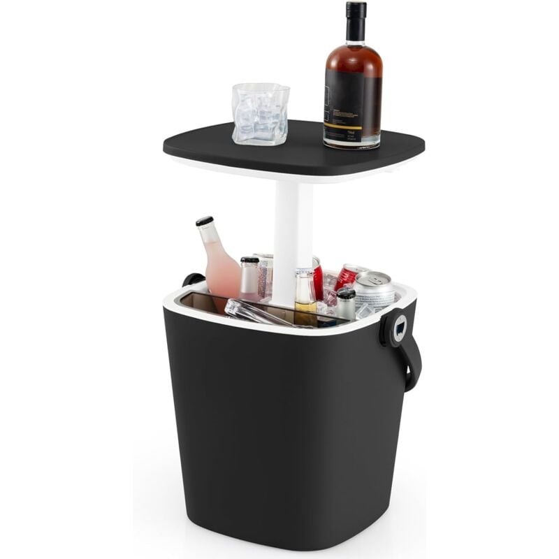 GOPLUS Table Glacière Extérieur 15 L avec Couvercle Rétractable, 6H Froid, Ouvre-Bouteille et Poignée Portable, Charge 75KG, Noir