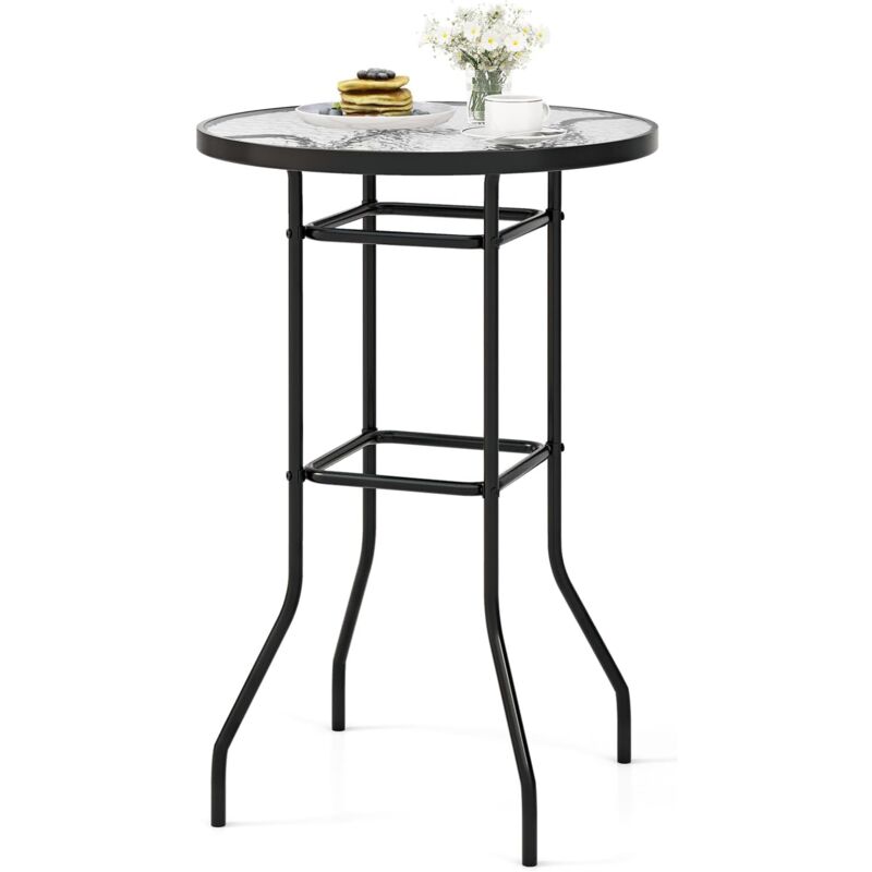 Table Jardin Ronde Ø68x97CMCharge 50 kg-Table d'Appoint Haute en Métal et Verre Trempée pour Salon de Bistrot - Goplus