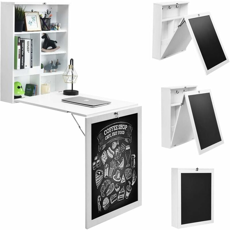 Goplus - Table Murale Rabattable Pliable avec Compartiment Integree et Tableau Noir, Gain de Place comme Bureau d'Ordinateur, Ideal pour Salon, Salle
