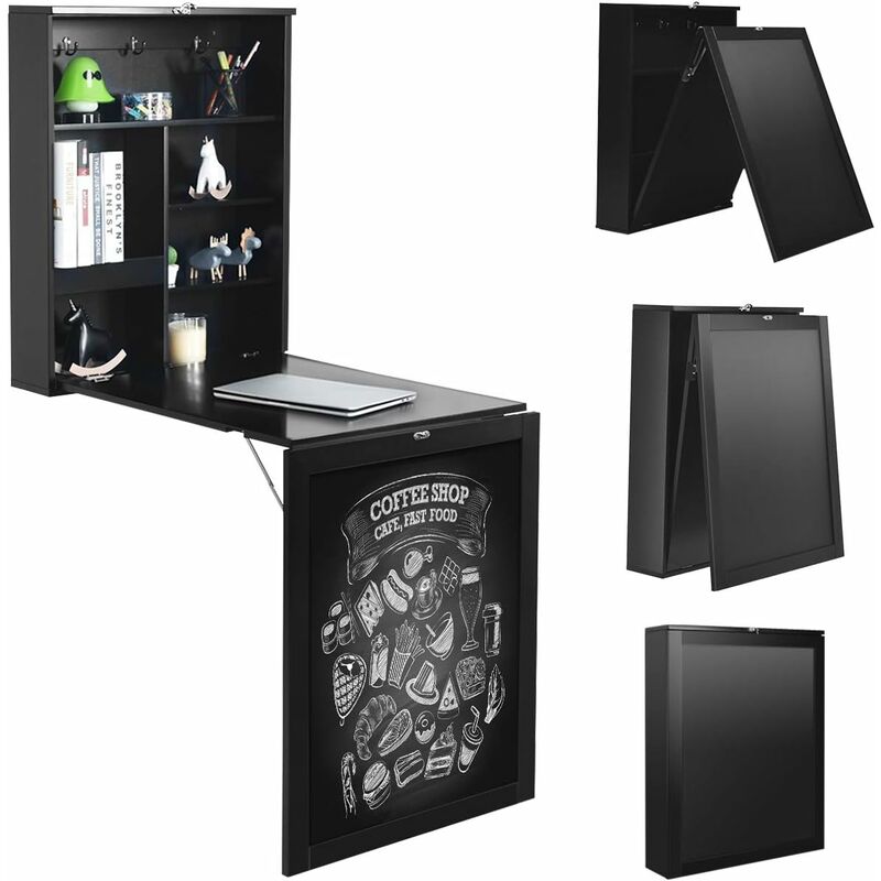 Goplus - Table Murale Rabattable Pliable avec Compartiment Intégrée et Tableau Noir, Gain de Place comme Bureau d'Ordinateur, Idéal pour Salon, Salle