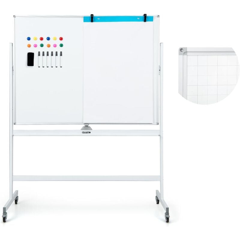 GOPLUS Tableau Blanc 90x120CM,Hauteur Réglable Double Face, Tableau Blanc Magnétique Rotatif à 360° avec 4 Roues Universelles,Blanc