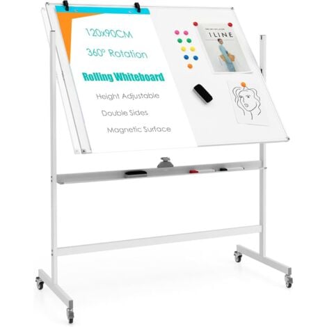 GOPLUS Tableau Blanc avec Hauteur Reglable Double Face, Tableau Blanc Magnetique Rotatif a 360° avec 4 Roues Universelles, Tableau Effacable de 120 x 90 CM, pour Ecole, Salle de Reunion Blanc