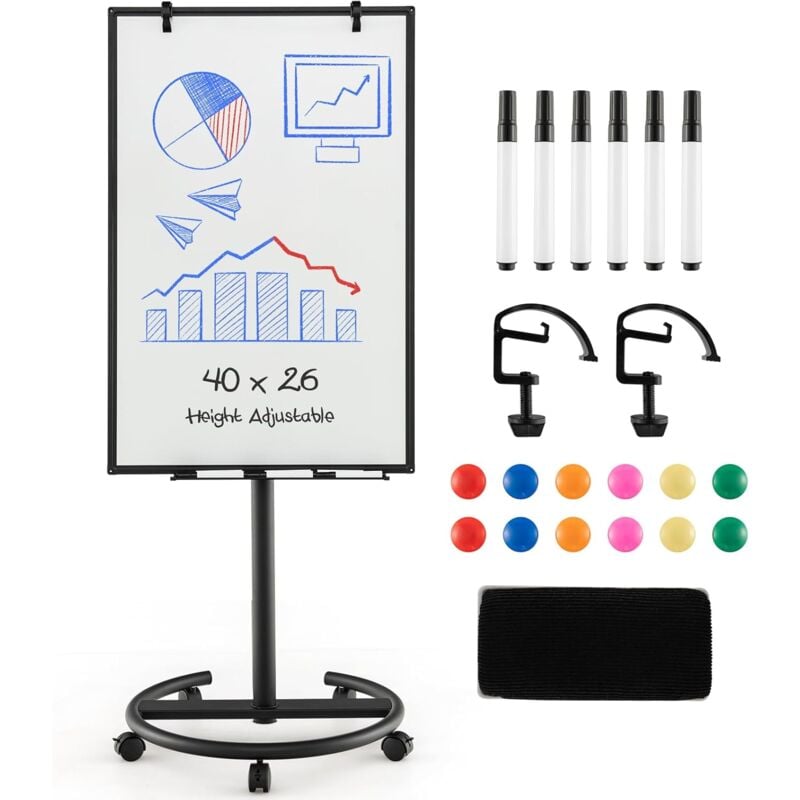 Goplus - Tableau Blanc Effaçable 65x100CM Mobile-Tableau Blanc Magnétique avec Support Hauteur Réglable-Accessoires Complet Noir