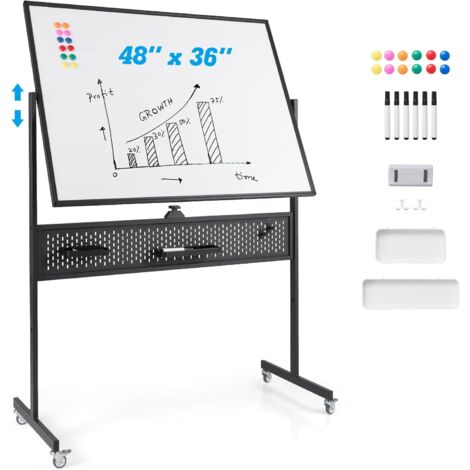 GOPLUS Tableau Blanc Magnétique Rotatif à 360° Hauteur Réglable sur 2 Positions, Tableau Effaçable Mobile Planches à Trous 120 x 90 CM pour École,Salle de Réunion (90x120CMTrous,Noir)