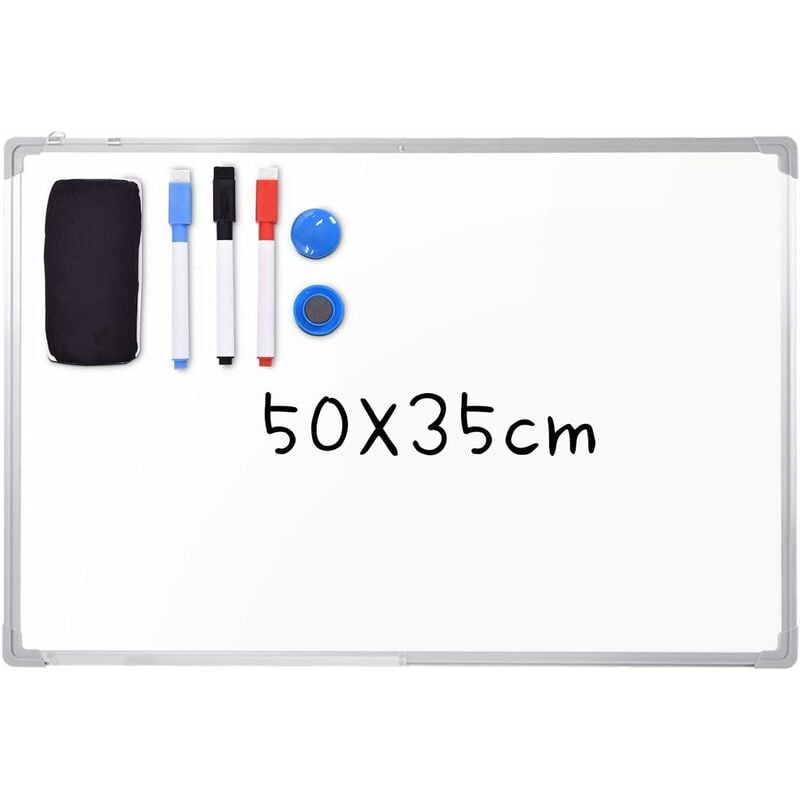 Tableau Blanc Magnetique, Cadre en Aluminium, avec 3 Stylos Effacables Couleur Noir-Rouge-Bleu, Brosse Effaceur, 2 Autocollants Magnetiques et 2