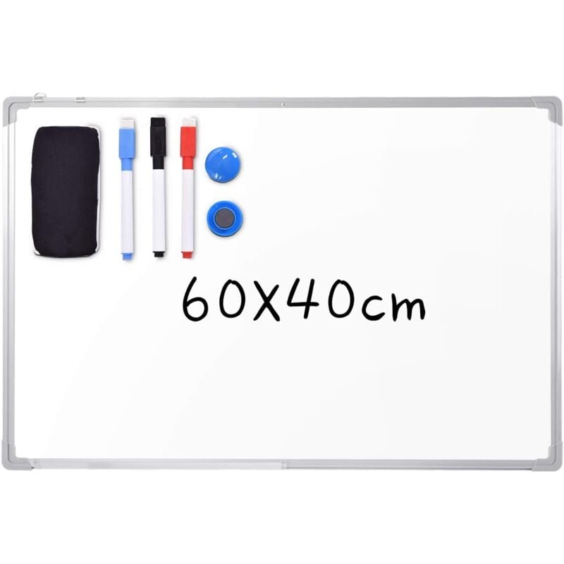 GOPLUS Tableau Blanc Magnetique, Cadre en Aluminium, avec 3 Stylos Effacables Couleur Noir-Rouge-Bleu, Brosse Effaceur, 2 Autocollants Magnetiques et