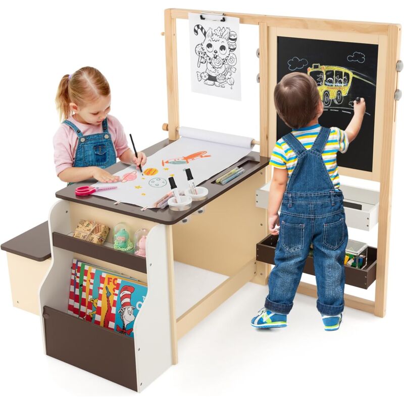 Goplus – Table enfant 3 ans+ avec chaise et tableau réglable – Dimensions 114x81x100 cm – Rangement intégré et rouleaux de papier interchangeables