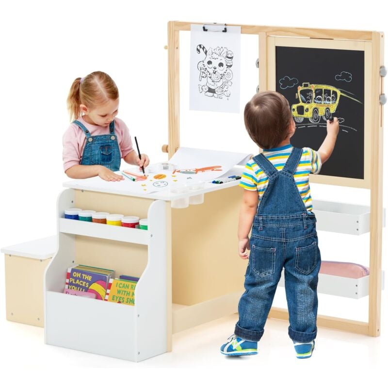 Table Enfant 3 Ans+ avec Chaise et Tableau Blanc Noir Réglable + Rangement-Rouleaux de Papier Interchangeables Blanc+Naturel - Goplus