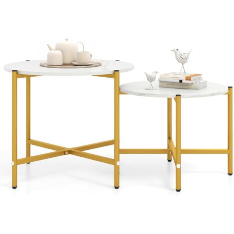 GOPLUS Tables Basses Gigognes Rondes, Lot de 2 Tables Basses Faux Marbre avec Plateau Imitation Bois, Bout de Canapé Salon 65 x 51 CM,55 x 41 CM, Charge 90+60 KG