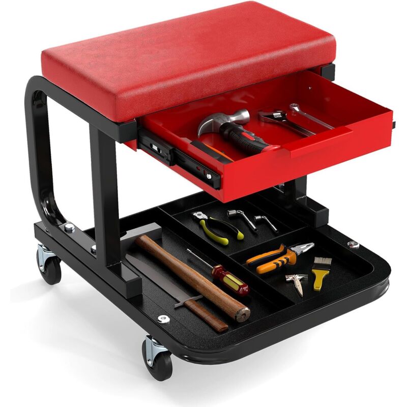 GOPLUS Tabouret Atelier à roulettes Charge 185 KG, Tabouret de Mécanicien avec 4 roulettes Pivotantes à 360°, Siège Rembourré, Tiroir Extensible et