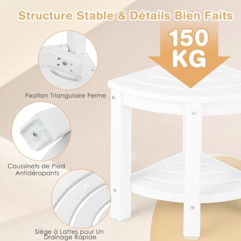 GOPLUS Tabouret d'angle avec Tablette, Banc de Douche en Forme d'Éventail, Tabouret de Douche pour Salle de Bain, Balcon, Charge 150 kg (Blanc)