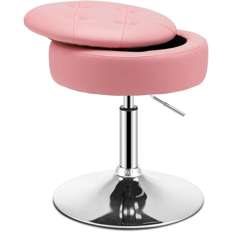 Tabouret de Coiffeuse avec Espace de Rangement-Pivotante à 360°-Hauteur Réglable de 51- 66cm-Couvercle Réversible Comme Tablette,Rose - Goplus