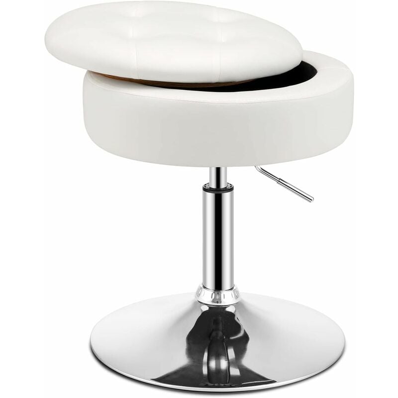 GOPLUS Tabouret de Coiffeuse avec Espace de Rangement-Pivotante à 360°-Hauteur Réglable de 51- 66cm-Couvercle Réversible Comme Tablette,Blanc