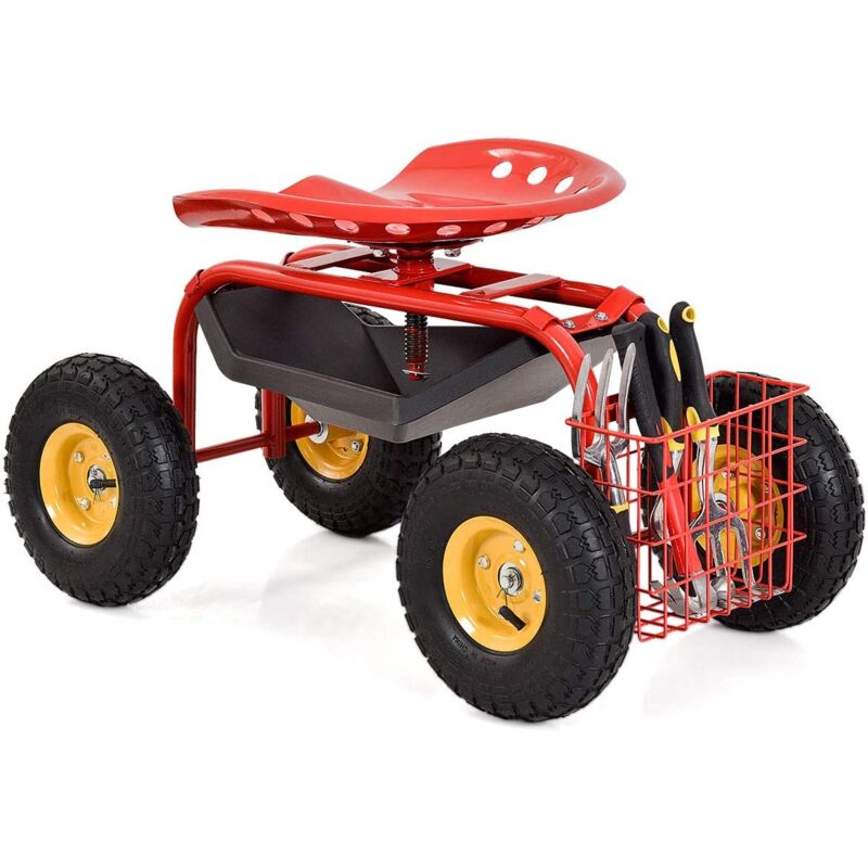 Tabouret de Jardin Roulant Pivotant à 360°, Panier pour Outils, Siège Travail Extérieur, Hauteur Réglable, Charge 150kg,Rouge - Goplus