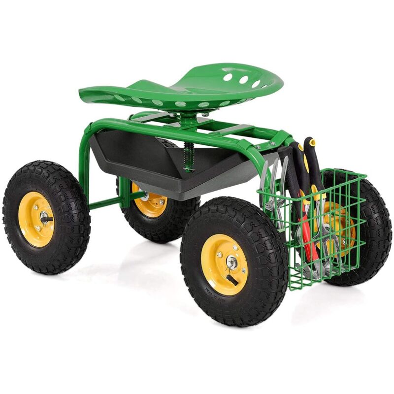 Tabouret de Jardin Roulant Pivotant à 360°, Panier pour Outils, Siège Travail Extérieur, Hauteur Réglable, Charge 150kg, Vert - Goplus
