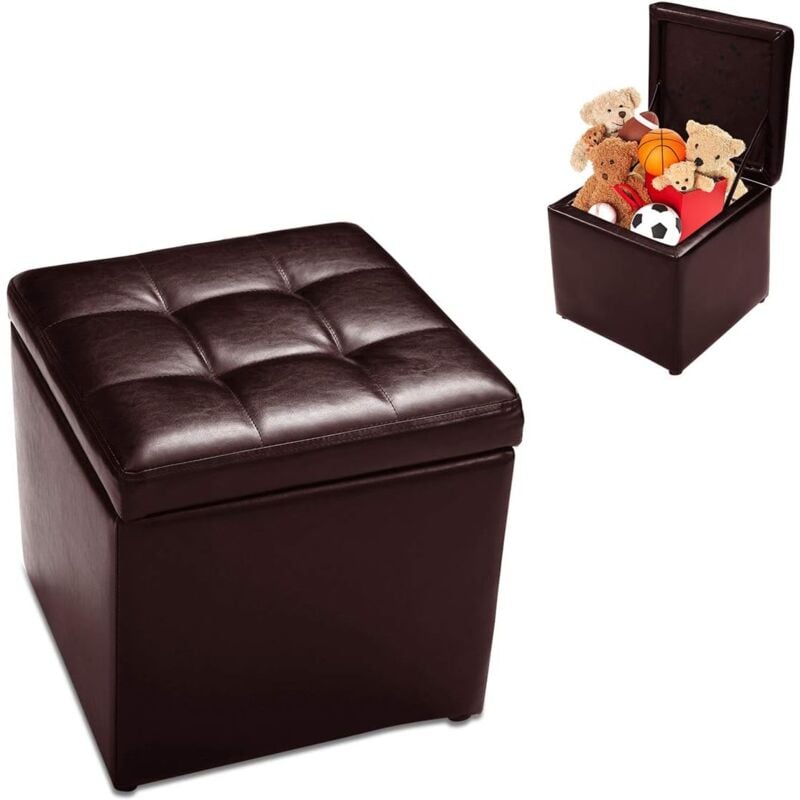 GOPLUS Tabouret Pouf avec Boîte de Rangement en Bois&Cuir PU,40x40x40CM,Charge 150KG,Banc à Chaussures avec Espace de Stockage,Brun