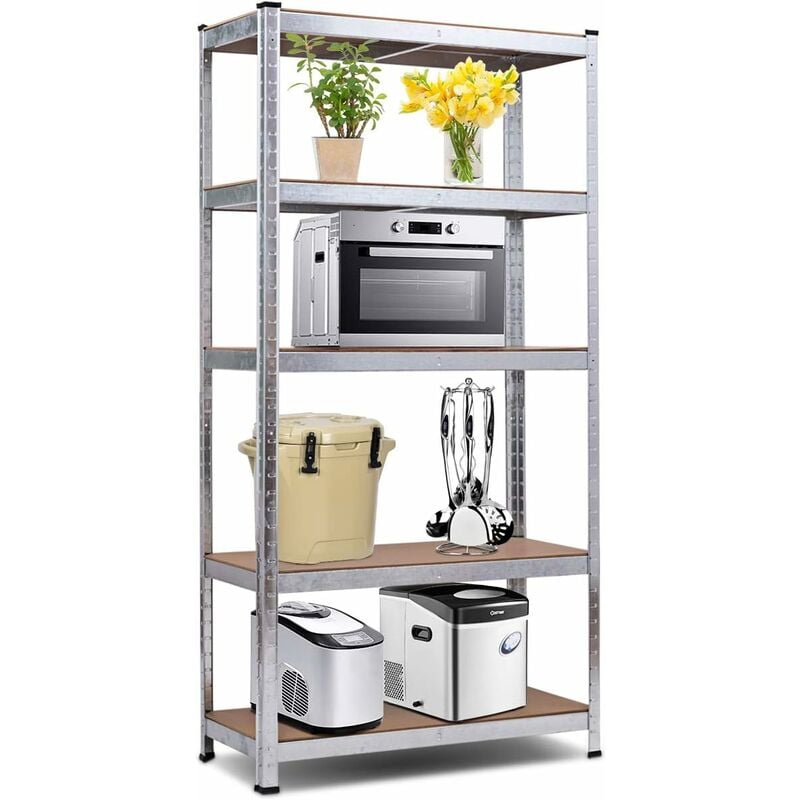 Goplus - Etagere de Rangement a 5 Niveaux Reglable avec Cadre en Metal Galvanise, Rayonnage de Stockage Antiderapant pour Garage, Cuisine, Salon,