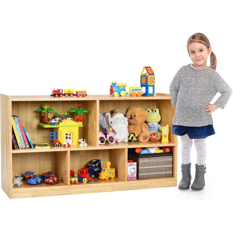 Biblithèque Enfant avec 5 Compartiments Ouverts 111x30x61,5CM,étagère pour Livres/Jouets avec Bord Arrondi,Naturel - Goplus