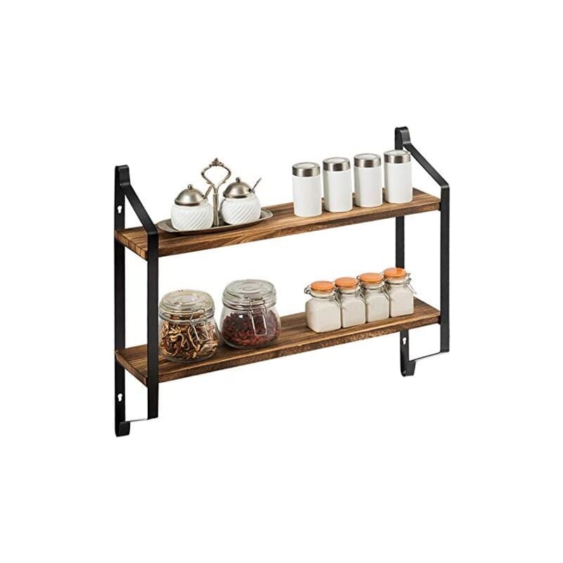 Etagere Murale en Bois et Metal Style Industriel, Rangement Flottante Decorative avec 2 Etageres de Stockage, Support Mural Stable pour Salon Chambre