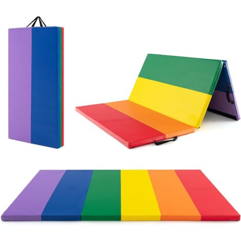 GOPLUS Tapis de Gymnastique 3 Panneaux Pliable, Attaches Auto-agrippante, Tapis de Gym en Cuir PU avec Poignée, 180x120 x4cm