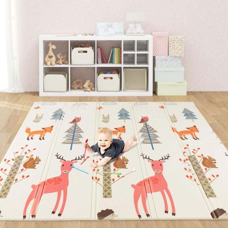 Goplus - Tapis de Jeu Réversible pour Bébé, Tapis d'Éveil Double Face en xpe, Tapis Rampant Pliable 180x200CM avec Sac de Rangement, Tapis de Sol