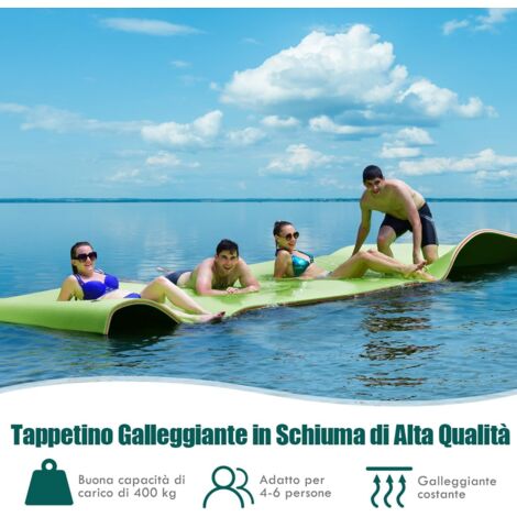 GOPLUS Tappeto Galleggiante d'Acqua 355 X 183CM in Schiuma XPE a 3 Strati, Materasso Galleggiante con Corda Elastica da 3,9M per 4-6 Persone, Tappeto Galleggiante per Piscine, Mari, Laghi