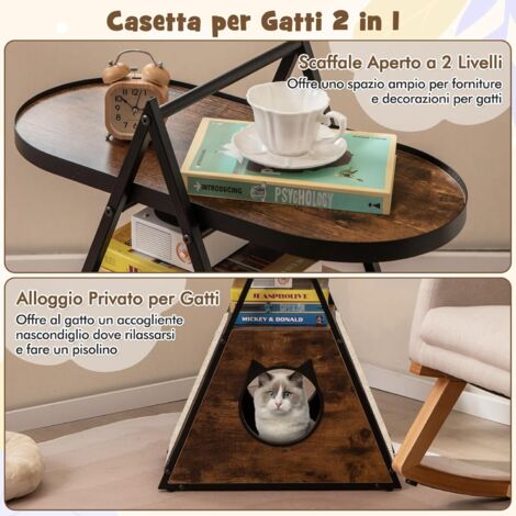 GOPLUS Tavolino con Condo per Gatti, Letto per Gatti 2-in-1 con Ripostiglio e Tavolino Laterale, Comodino Triangolare con Rifugio per Gatti Nascosto, Tappetini in Sisal, Mobili per Animali Moderni