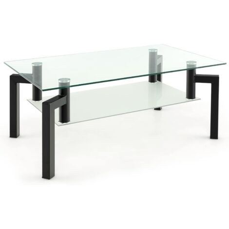 GOPLUS Tavolino da Caffè in Vetro Temprato, Tavolino Centrale a 2 Livelli con Piano, Ripiano Aperto, Tavolino d’Accento in Vetro per Soggiorno, Sala Ricevimenti, Ufficio, 100 x 60 x 43 cm