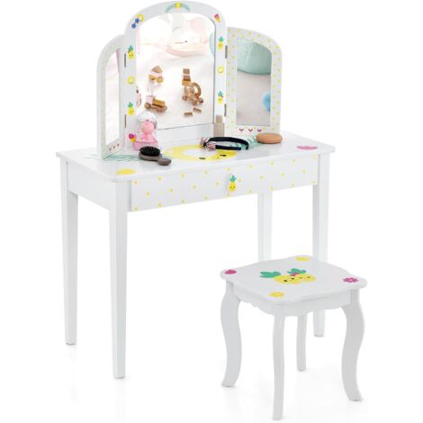 GOPLUS Tavolino da Toilette 2 in 1 per Bambini, con Sgabello e Specchio Rimovibile, Set Tavolo e Sedia per Il Trucco per Bambini con Specchio e Cassetto, per Bambini 3+ Anni, Bianco