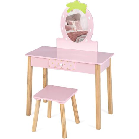 GOPLUS Tavolino da Toilette per Bambini con Ampio Cassetto, con Specchio a Forma di Fragola Staccabile, Tavolo da Trucco con Angoli Arrotondati, per Bambini di 3-7 Anni, Rosa