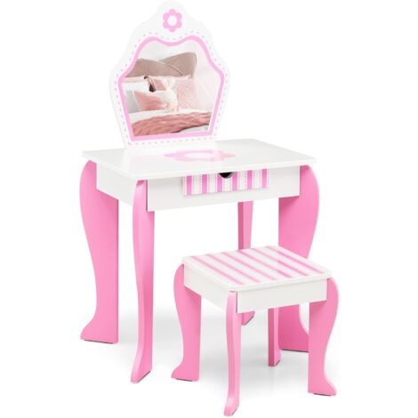 GOPLUS Tavolino da Toilette per Bambini con Ampio Cassetto, Set di Tavolino da Toilette e Sgabello con Specchio Staccabile e Dispositivo Antiribaltamento, Bianco e Rossa