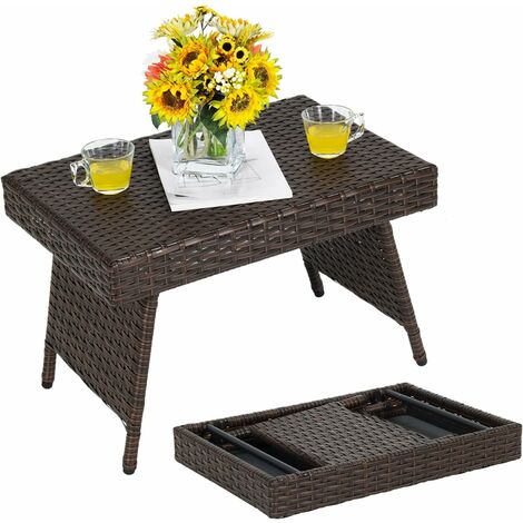 GOPLUS Tavolino Pieghevole in Rattan, Portatile e Salvaspazio, Portata di 45 kg, per Giardino, Cortile, Balcone, Piscina, 60x40x40cm, Marrone