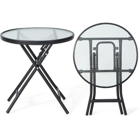 GOPLUS Tavolino Pieghevole in Vetro da 46 cm per Patio, Tavolino Rotondo Portatile con Piano in Vetro Temperato, Struttura in Acciaio, Piccolo Tavolino Pieghevole