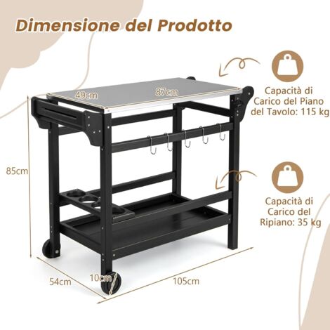 GOPLUS Tavolo Carrello Griglia Esterna, Tavolo Multifunzione per la Preparazione del Cibo con Piano di Lavoro in Acciaio Inossidabile, Telaio HPDE, Tavolo Carrello da Pranzo Esterno con Ruote
