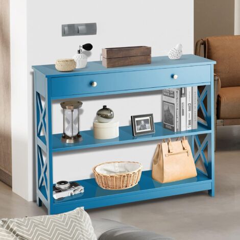 GOPLUS Tavolo Consolle da Ingresso con 2 Ripiani, Cassetto, Lati a Forma di X per Corridoio, Camera da Letto, Soggiorno, Tavolo Semplice, 100 x 30 x 80 cm (Blu)