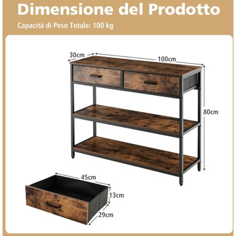GOPLUS Tavolo Consolle per Soggiorno, Tavolo d’Ingresso a 3 Livelli con 2 Cassetti in Tessuto Pieghevole, Consolle in Stile Industriale per Corridoio, 100 x 30 x 80 cm, Marrone Rustico