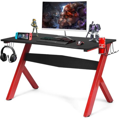 GOPLUS Tavolo da Gaming, Struttura in Acciaio, con Portabicchieri e Tappetino per Mouse, Design Ergonomica, Aspetto Moderno, 123,5 x 60 x 76 cm