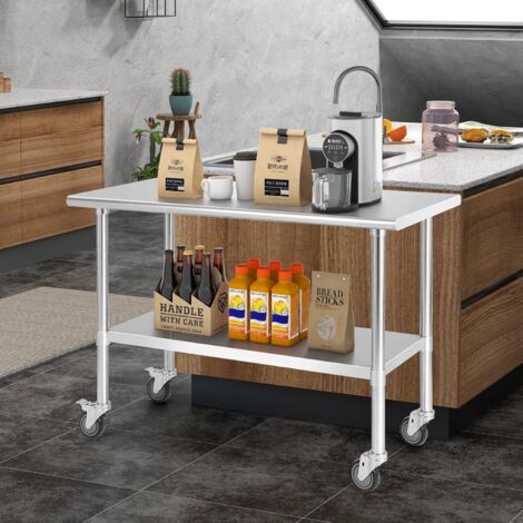GOPLUS Tavolo da Lavoro in Acciaio Inossidabile con Ripiano Regolabile, Banco da Lavoro con Ruote Scorrevoli, Piano Lavoro con Angoli Arrotondati, per Cucina/Ristorante, 122X61X89CM
