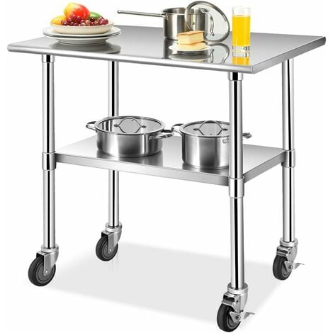 GOPLUS Tavolo da Lavoro in Acciaio Inox, Tavolo con 2 Ripiani e 4 Ruote, Tavolo da Lavoro da Cucina, Tavolo Portatile di Acciaio, Argento, 91,5x90x61 cm