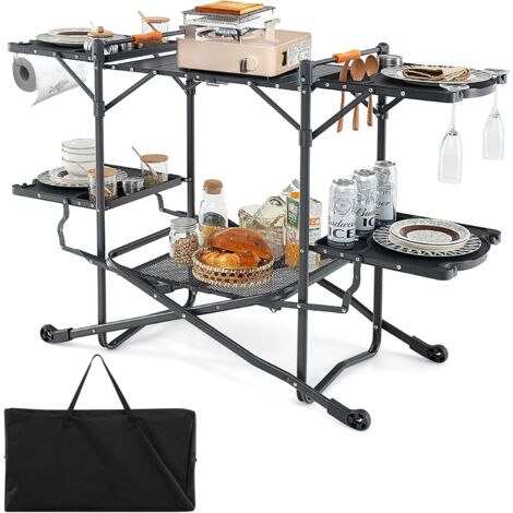 GOPLUS Tavolo da Picnic Pieghevole, Tavolo da Cucina con Piano Avvolgibile in Alluminio, 4 Tavoli Laterali, Ripiano Portaoggetti e Borsa da Trasporto, Stazione di Cottura all'Aperto per BBQ, Nero