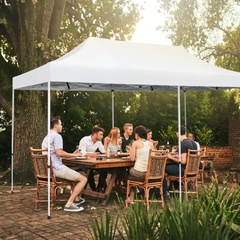 GOPLUS Tenda da Esterno 3 x 3 M con Supporto a 6 Piedi, Copertura Solare con 10 Picchetti e 4 Cordie Antivento, Struttura in Metallo con Rivestimento in PE, 3 Ruote per Spostamento Facile, Bianco