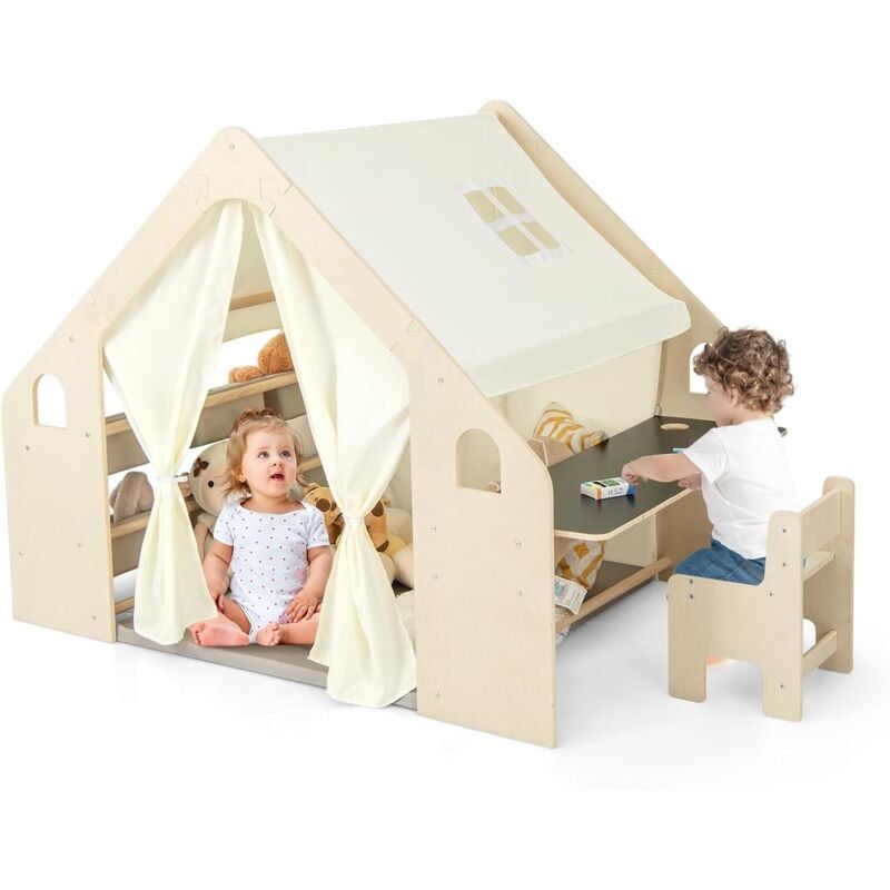 Tente d'Activité en Bois pour Enfants 2-6 Ans, Tente de Jeu 6 en 1 avec Tableau Noir, Table, Chaise, Bac, Tapis, 145x98x113cm - Goplus