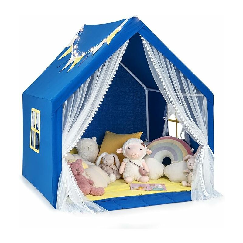 Goplus - Tente de Jeu Enfants avec Tapis, Guirlande Lumineuse en Forme d'Étoile, Fenêtre et Rideau en Gaze, 122X105X125CM, Bleu