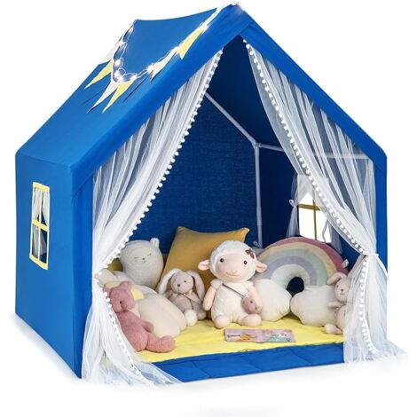 GOPLUS Tente de Jeu Enfants avec Tapis, Guirlande Lumineuse en Forme d'Étoile, Fenêtre et Rideau en Gaze, 122X105X125CM, Bleu
