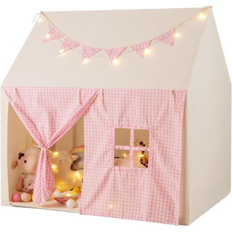 GOPLUS Tente de Jeu Enfants avec Tapis Rembourré, Lumières Étoilées et Fanions, Tente Intérieure Extérieure avec Fenêtres, Portes Enroulables et Poches de Rangement, pour 3-8 Ans (Rose)
